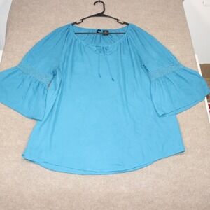 New Directions Woman Teal Blue Bell Sleeve Crochet Lace Trim Blouse Plus 1X